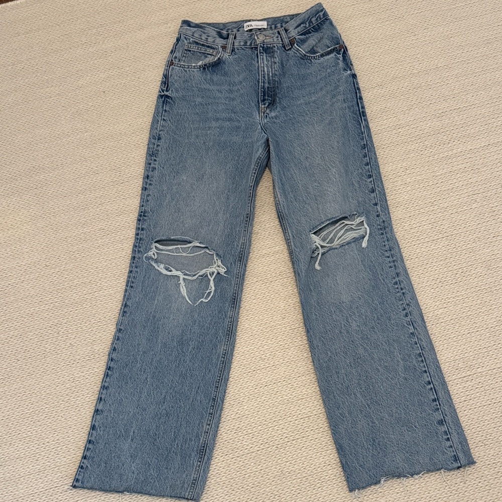 Zara Distressed Wide-Leg Jeans in Light Blue